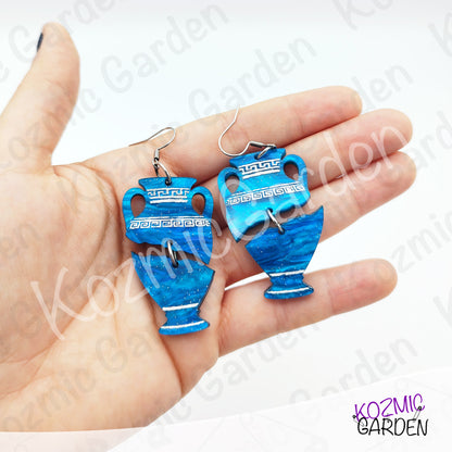 Blue Greek Vase Earrings – Broken Pottery Design, Mythology Jewelry, Greek Earrings