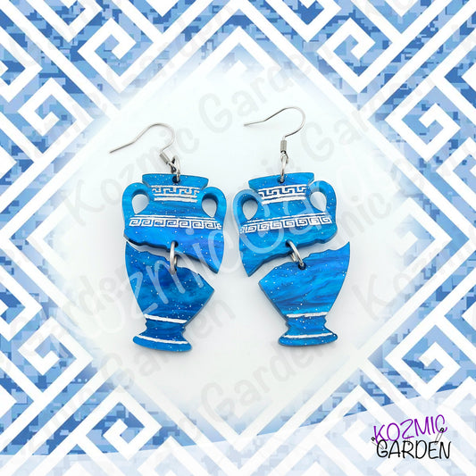 Blue Greek Vase Earrings – Broken Pottery Design, Mythology Jewelry, Greek Earrings