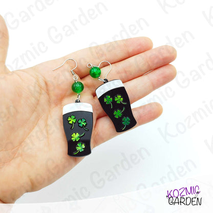 Guinness Stout Beer Earrings with Shamrocks – St Patrick’s Day Sláinte!