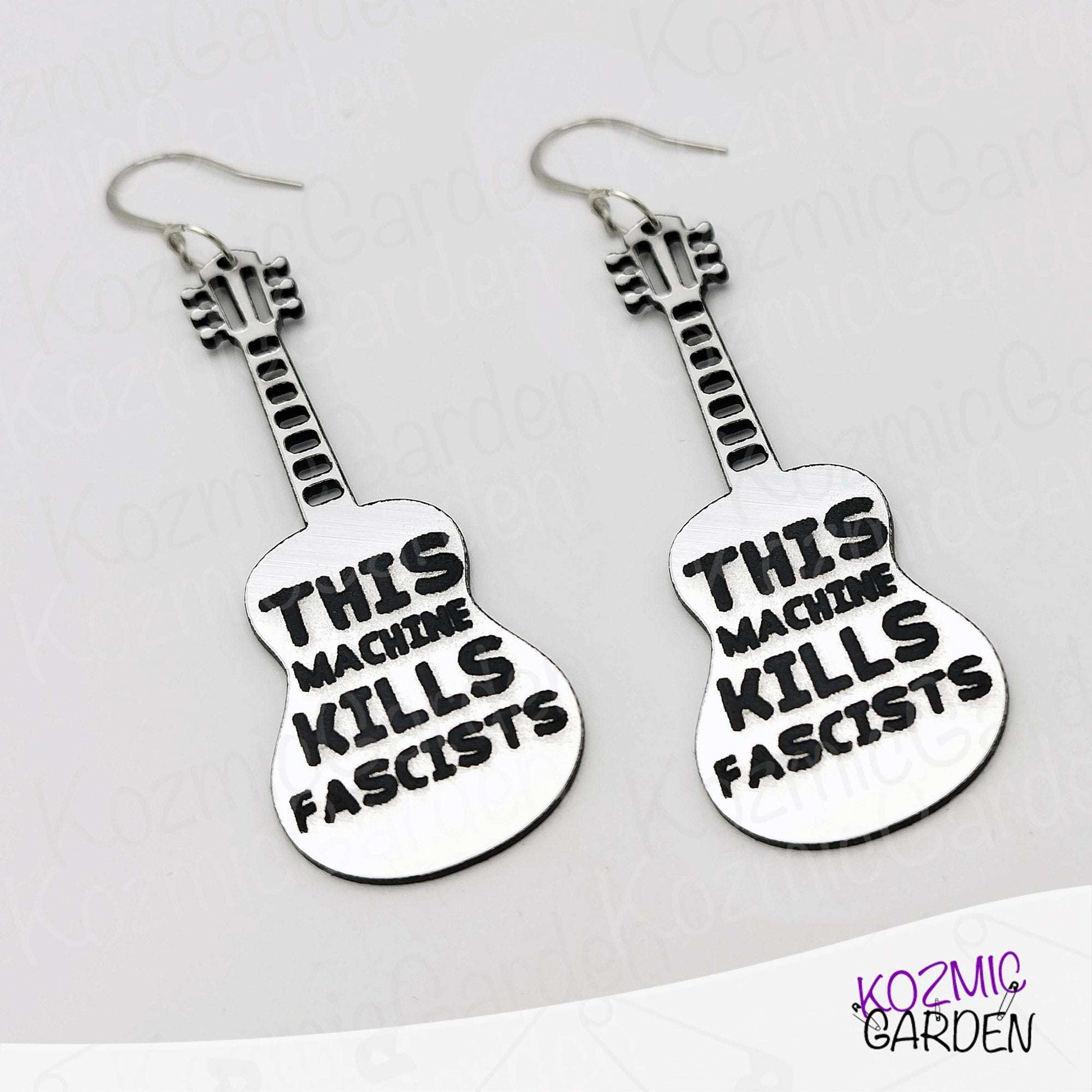 Woody Guthrie "This Machine Kills Fascists" Inspired Guitar Earrings – Protest Earrings in Two Styles