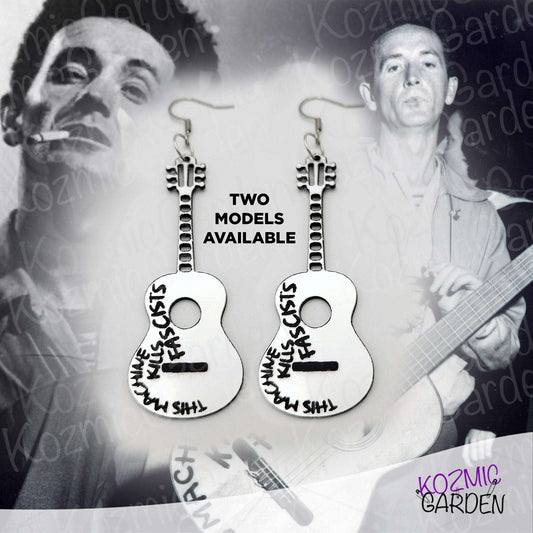 Woody Guthrie "This Machine Kills Fascists" Inspired Guitar Earrings – Protest Earrings in Two Styles