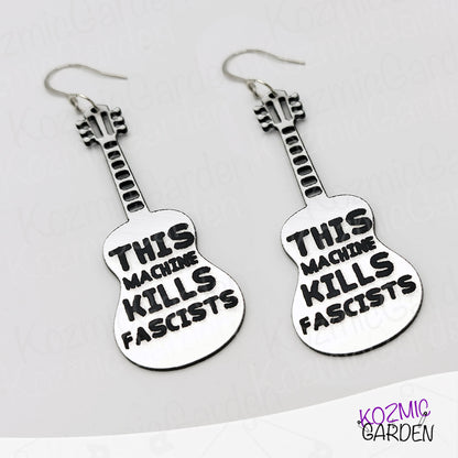 Woody Guthrie "This Machine Kills Fascists" Inspired Guitar Earrings – Protest Earrings in Two Styles