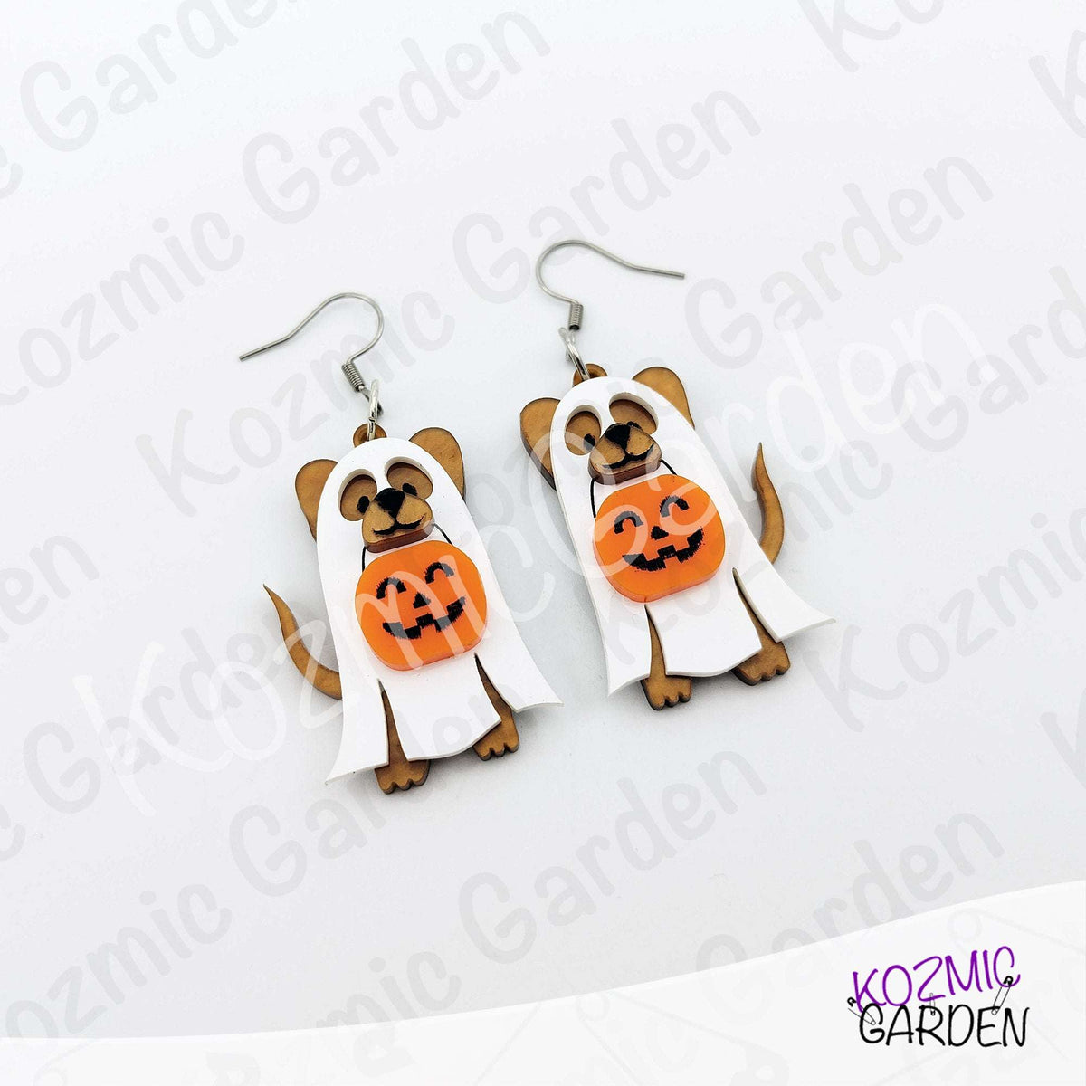 Ghost Dog Earrings with Pumpkin Basket – Spooky Cute Halloween Dangles