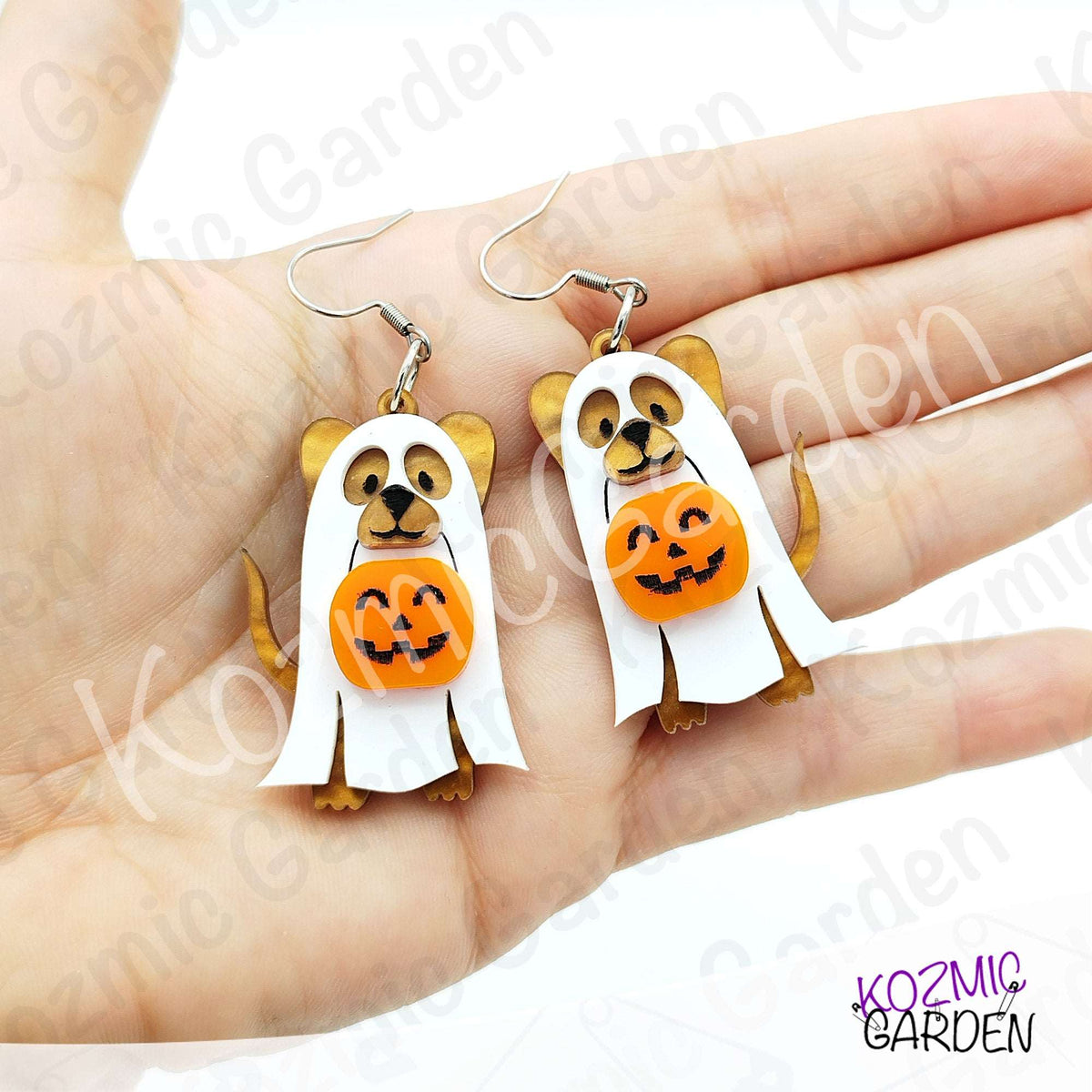Ghost Dog Earrings with Pumpkin Basket – Spooky Cute Halloween Dangles