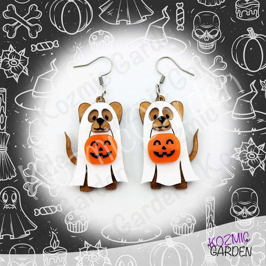 Ghost Dog Earrings with Pumpkin Basket – Spooky Cute Halloween Dangles