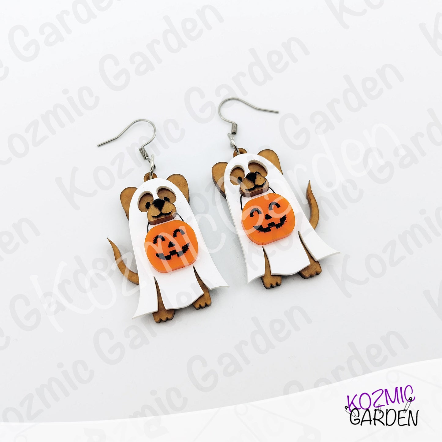 Ghost Dog Earrings with Pumpkin Basket – Spooky Cute Halloween Dangles