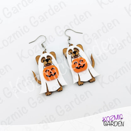 Ghost Dog Earrings with Pumpkin Basket – Spooky Cute Halloween Dangles