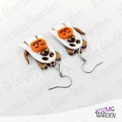 Ghost Dog Earrings with Pumpkin Basket – Spooky Cute Halloween Dangles