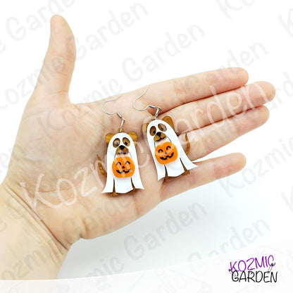 Ghost Dog Earrings with Pumpkin Basket – Spooky Cute Halloween Dangles