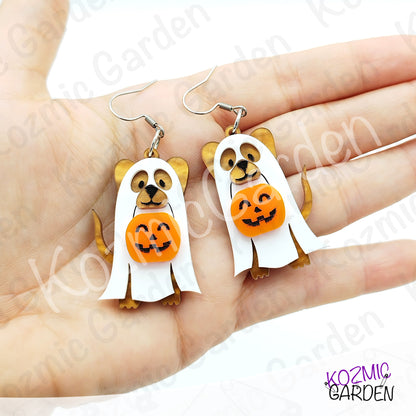 Ghost Dog Earrings with Pumpkin Basket – Spooky Cute Halloween Dangles