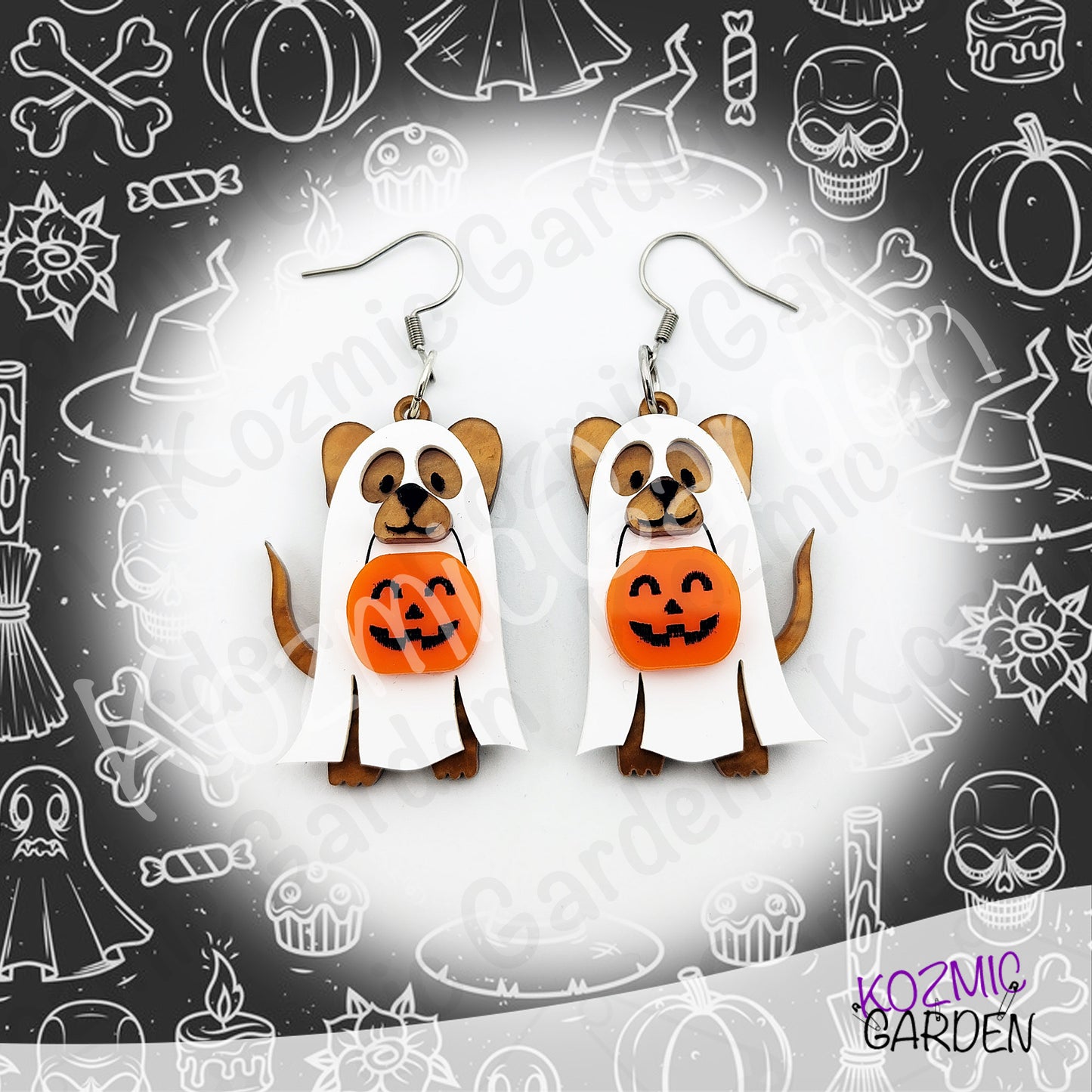 Ghost Dog Earrings with Pumpkin Basket – Spooky Cute Halloween Dangles