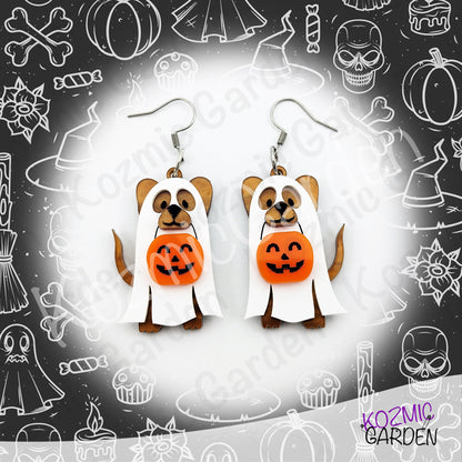 Ghost Dog Earrings with Pumpkin Basket – Spooky Cute Halloween Dangles