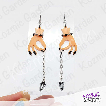 Gothic Hand Pendulum Earrings | Silver Mirrored Acrylic Witchy Jewelry