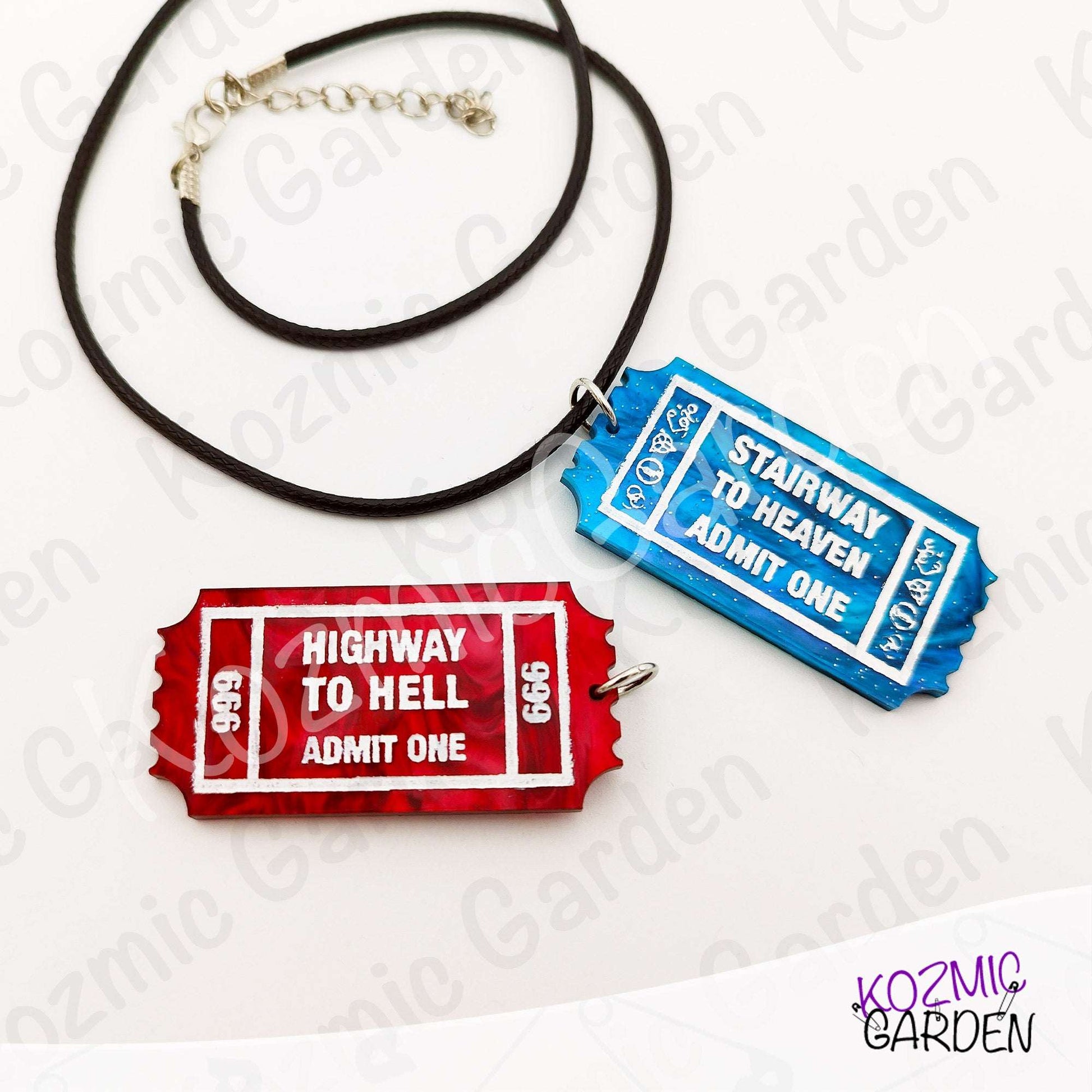 Rock Ticket Brooch or Pendant - Highway to Hell Red Pin & Stairway to Heaven One Way Ticket