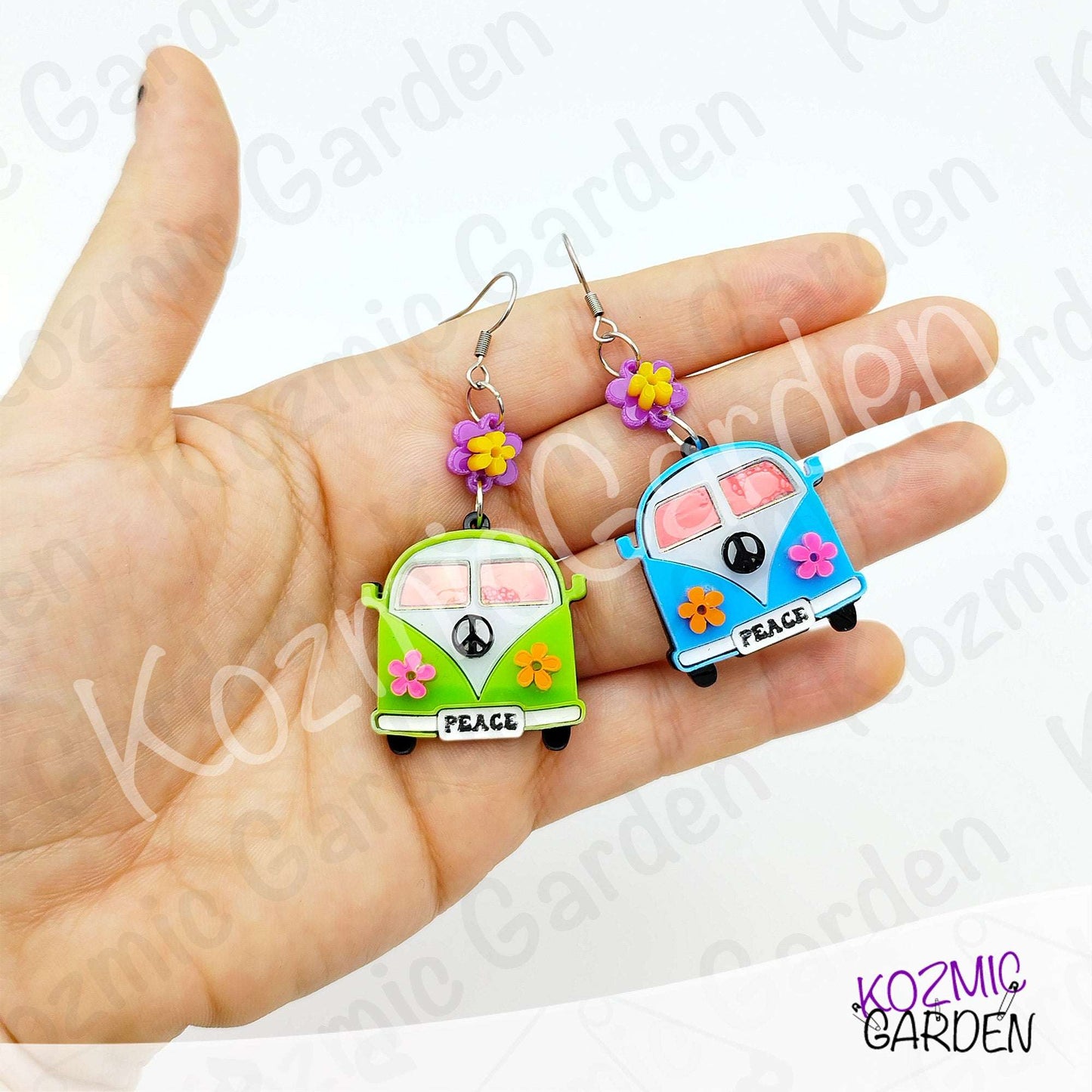 Hippie Van Earrings | Groovy Peace Bus Dangles with Flowers