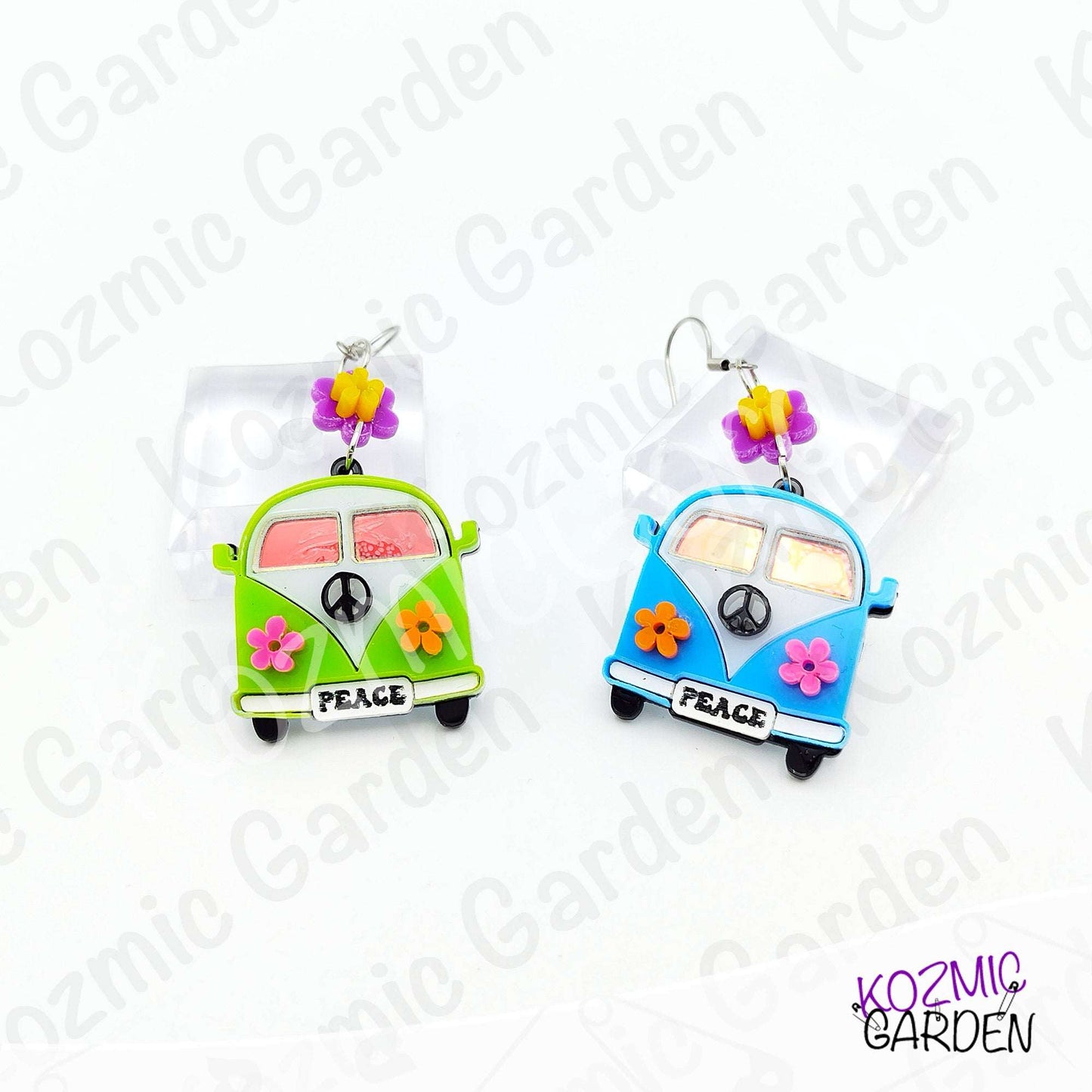Hippie Van Earrings | Groovy Peace Bus Dangles with Flowers