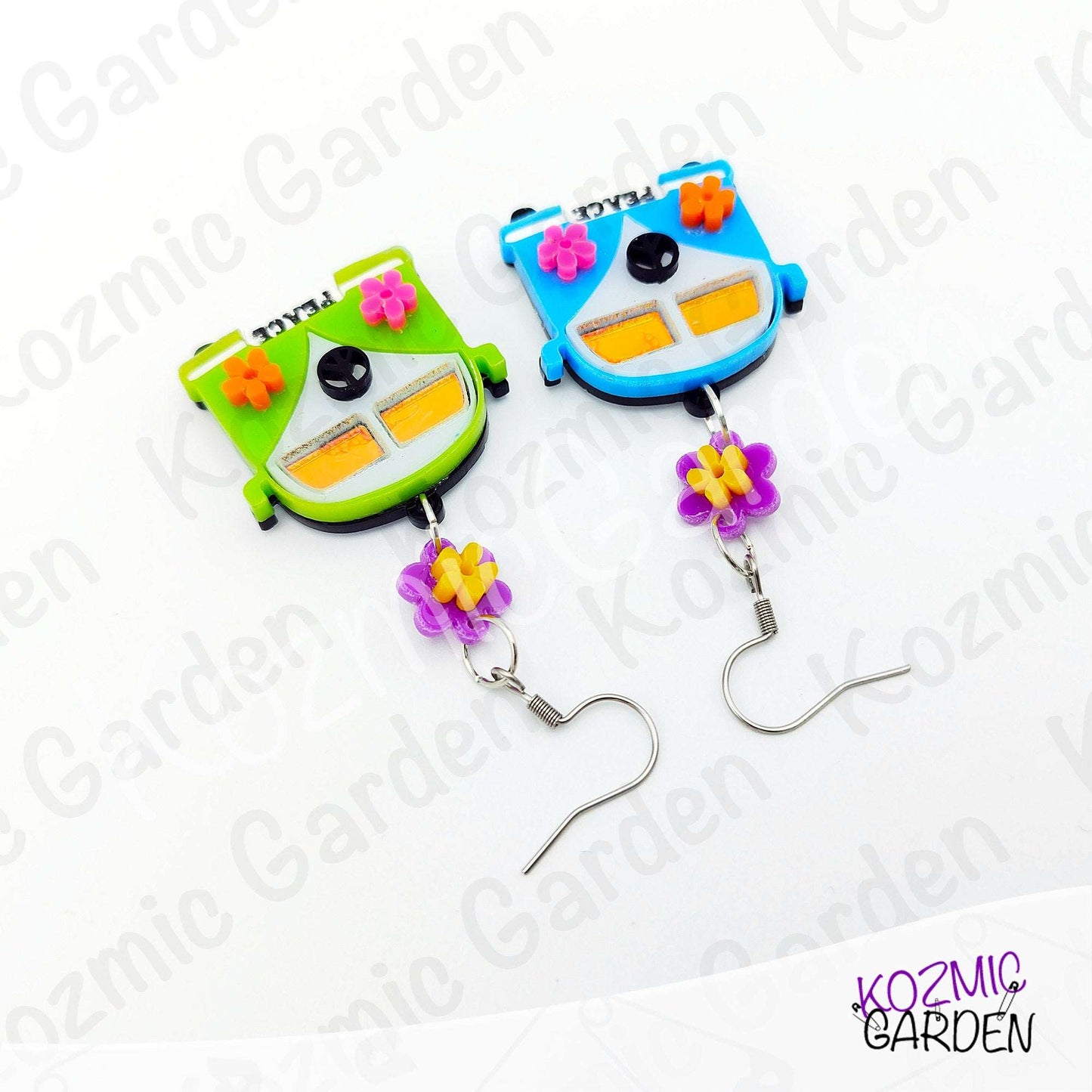 Hippie Van Earrings | Groovy Peace Bus Dangles with Flowers