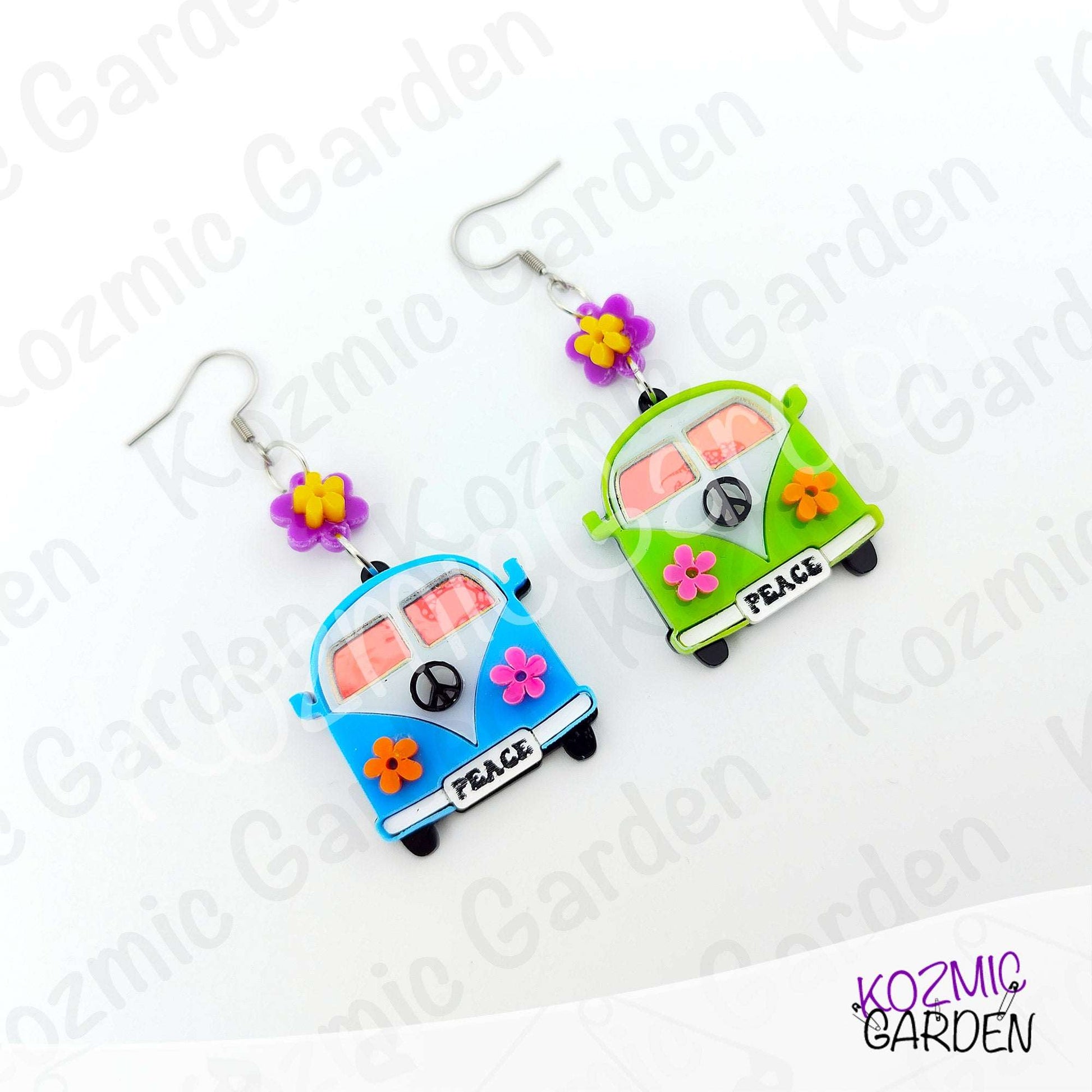 Hippie Van Earrings | Groovy Peace Bus Dangles with Flowers