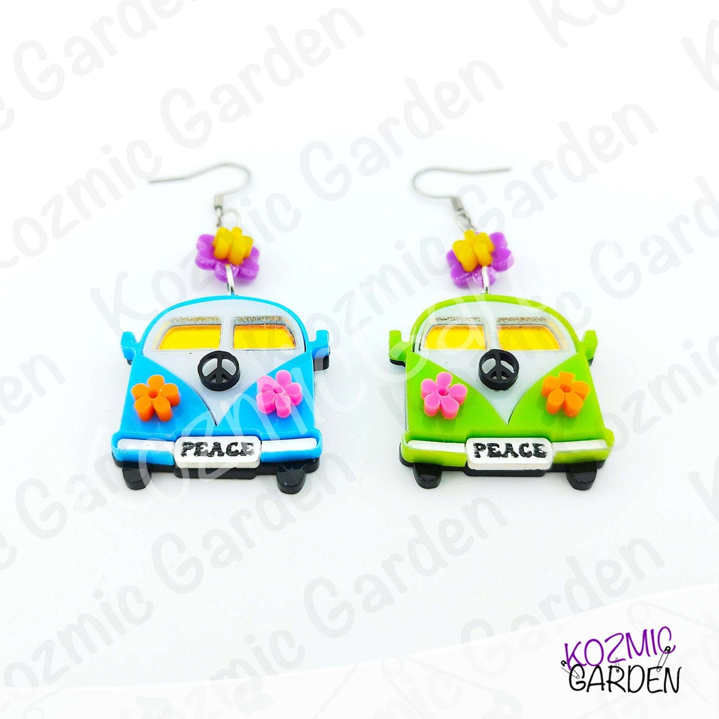 Hippie Van Earrings | Groovy Peace Bus Dangles with Flowers