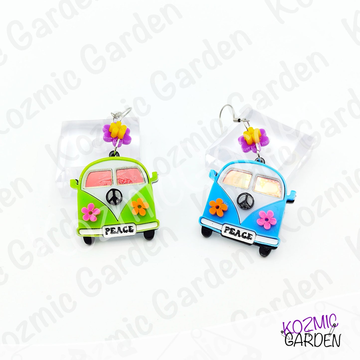 Hippie Van Earrings | Groovy Peace Bus Dangles with Flowers