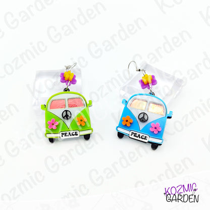 Hippie Van Earrings | Groovy Peace Bus Dangles with Flowers