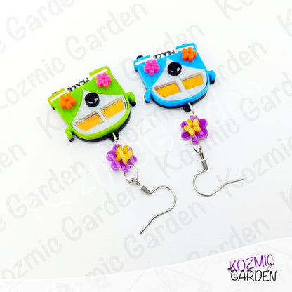 Hippie Van Earrings | Groovy Peace Bus Dangles with Flowers