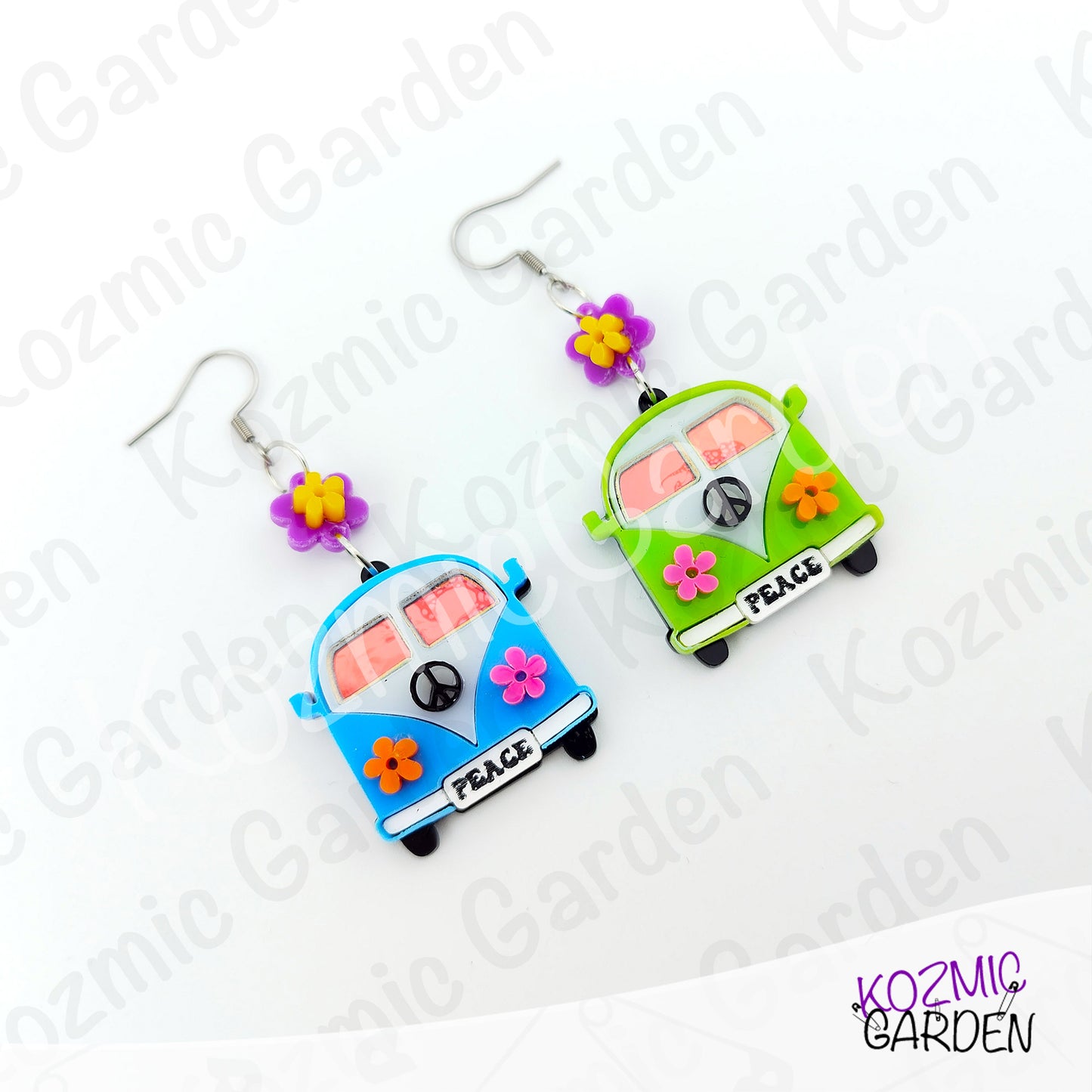 Hippie Van Earrings | Groovy Peace Bus Dangles with Flowers