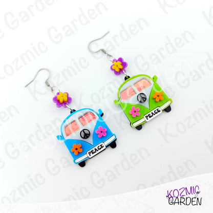 Hippie Van Earrings | Groovy Peace Bus Dangles with Flowers