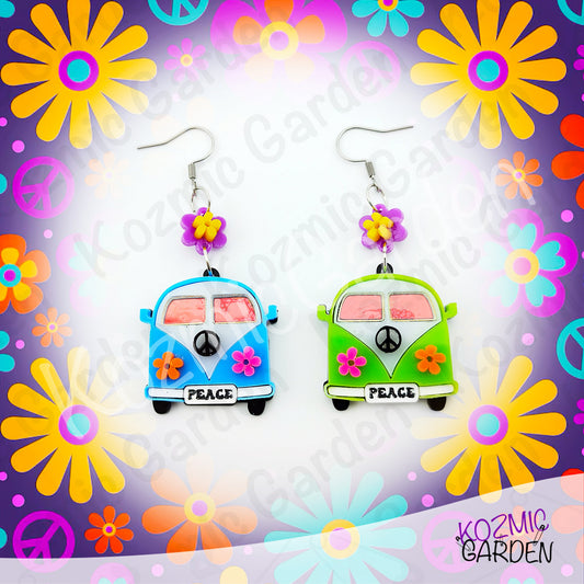 Hippie Van Earrings | Groovy Peace Bus Dangles with Flowers