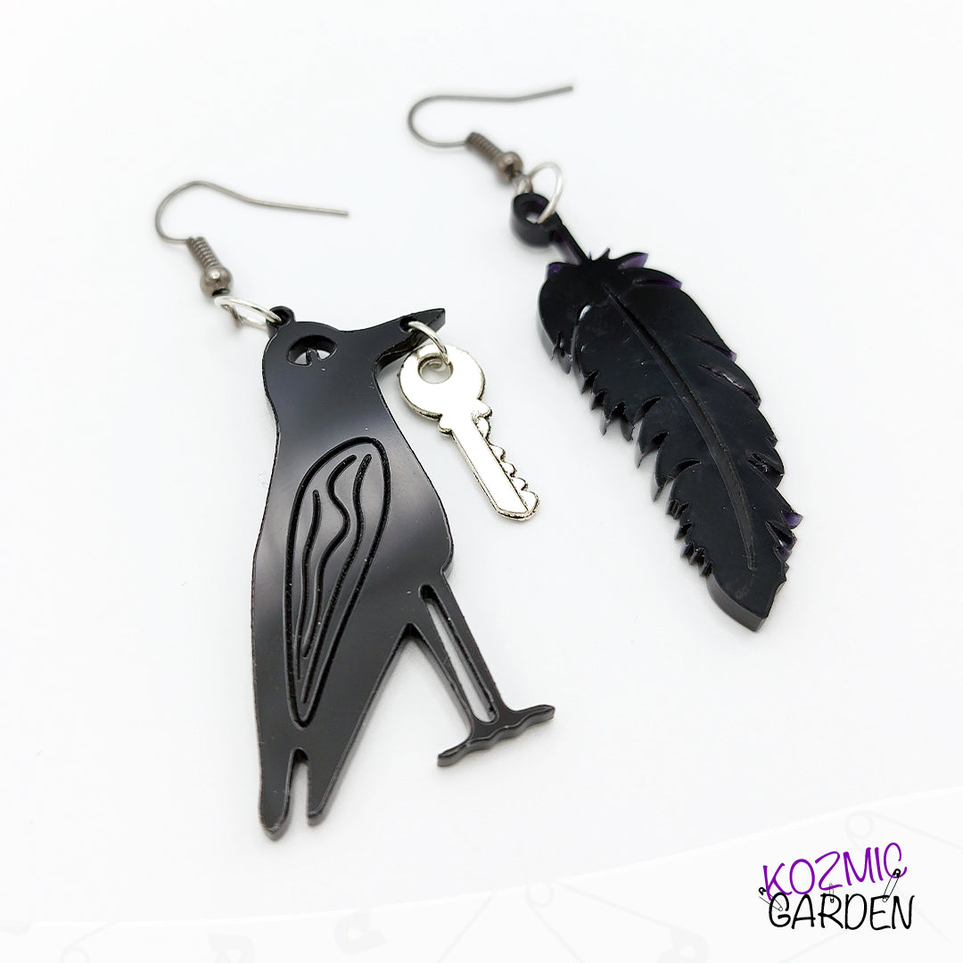Mismatched Raven Feather Earrings - Unique Gothic Bird Jewelry!