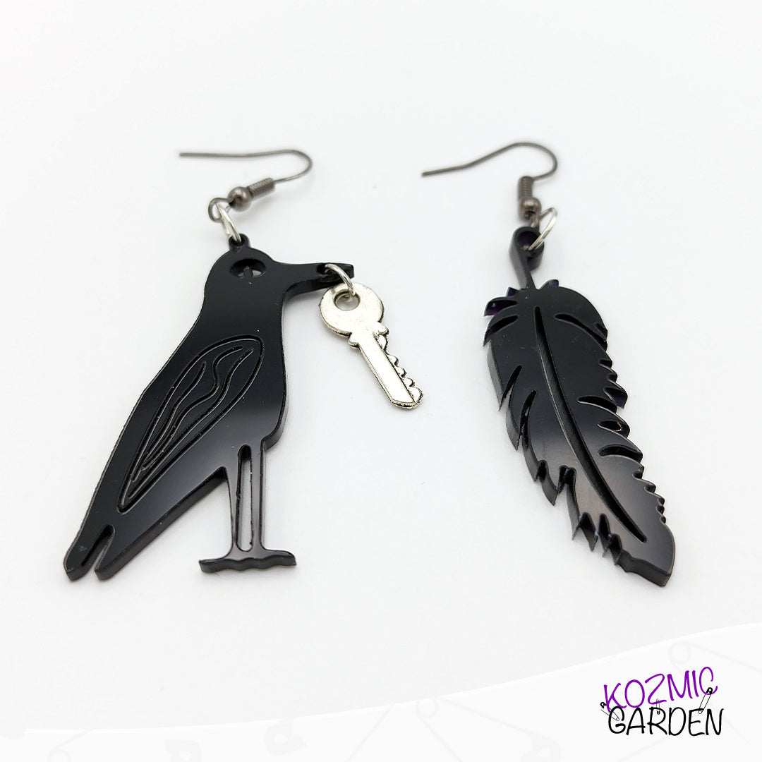 Mismatched Raven Feather Earrings - Unique Gothic Bird Jewelry!