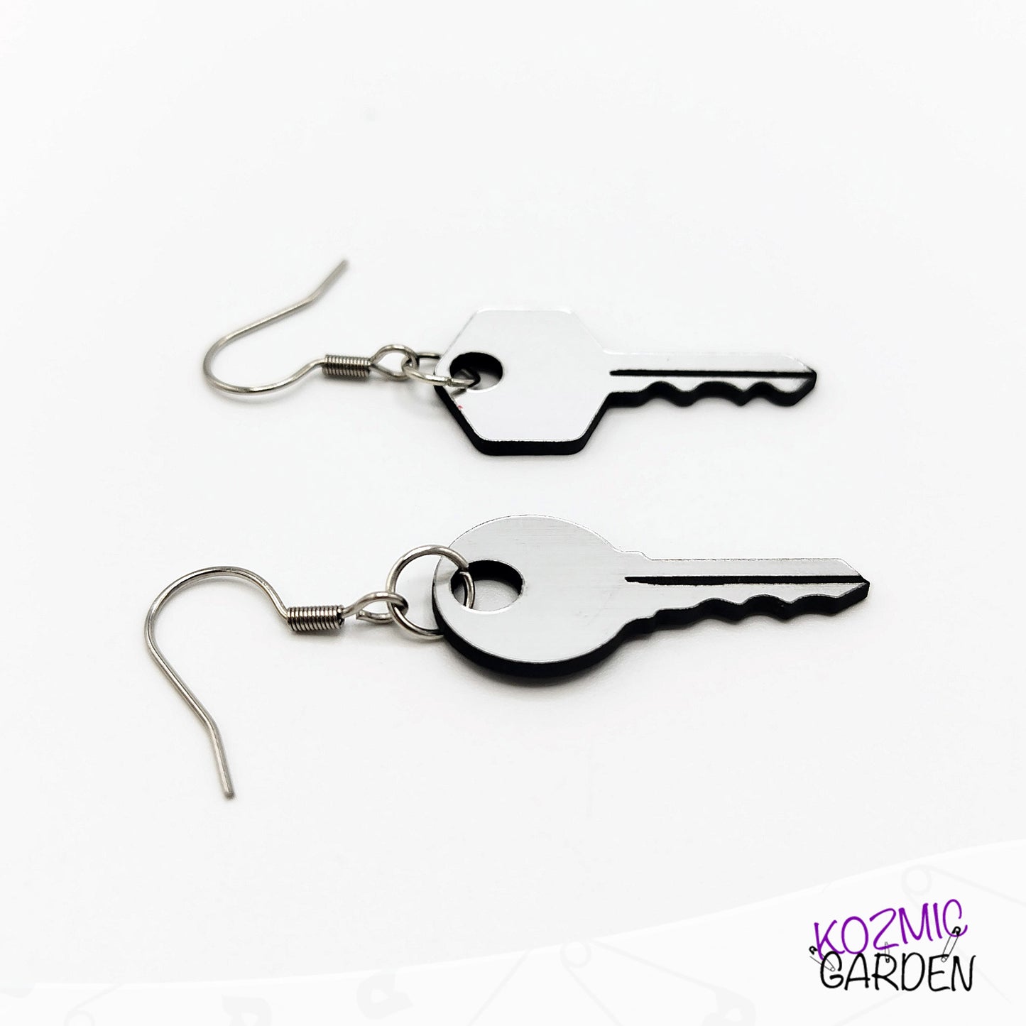 Mismatched Keys Earrings | Fun Silver Acrylic Jewelry with Engraved Details