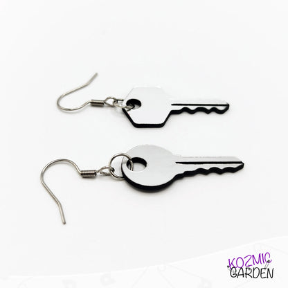 Mismatched Keys Earrings | Fun Silver Acrylic Jewelry with Engraved Details