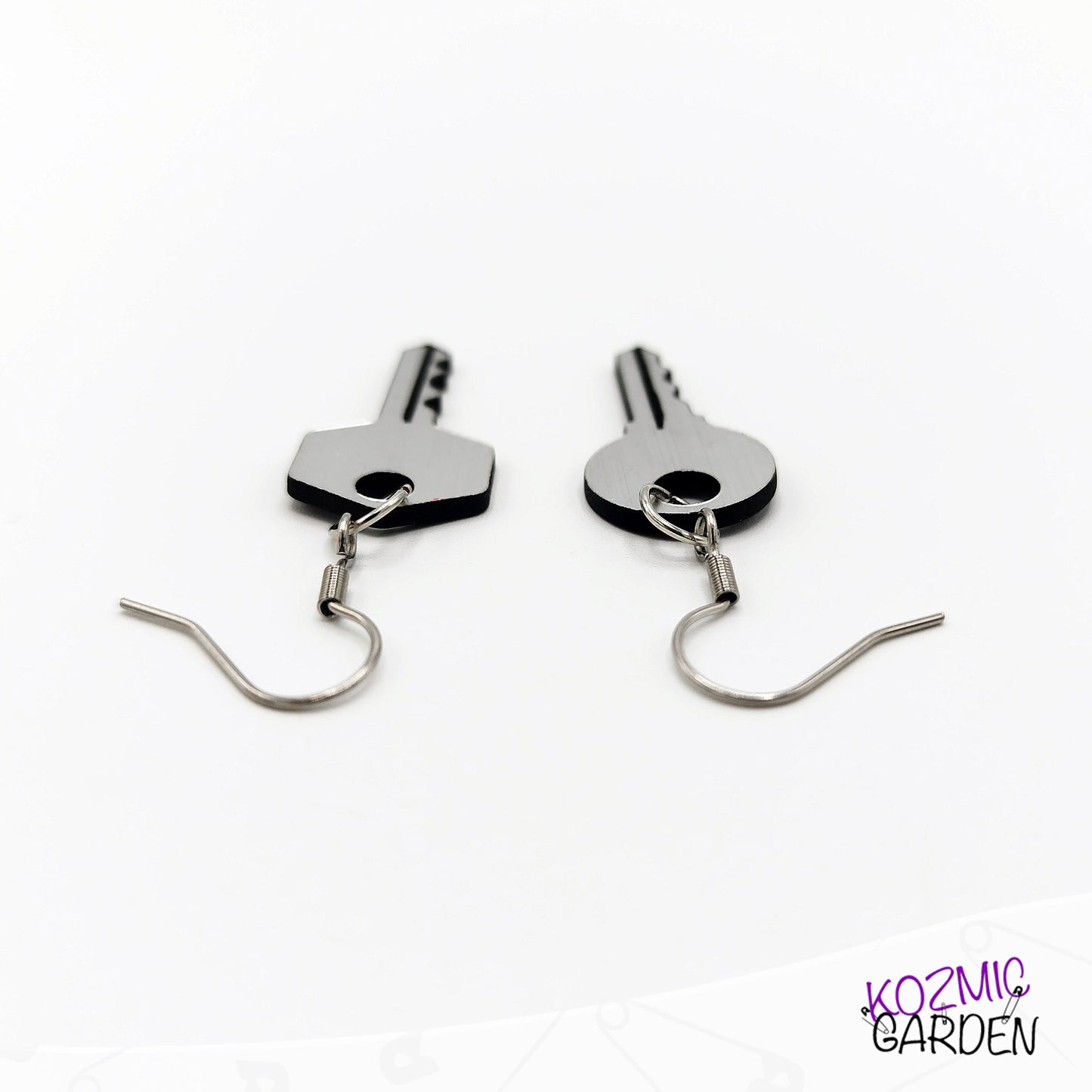 Mismatched Keys Earrings | Fun Silver Acrylic Jewelry with Engraved Details