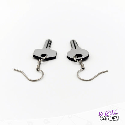 Mismatched Keys Earrings | Fun Silver Acrylic Jewelry with Engraved Details