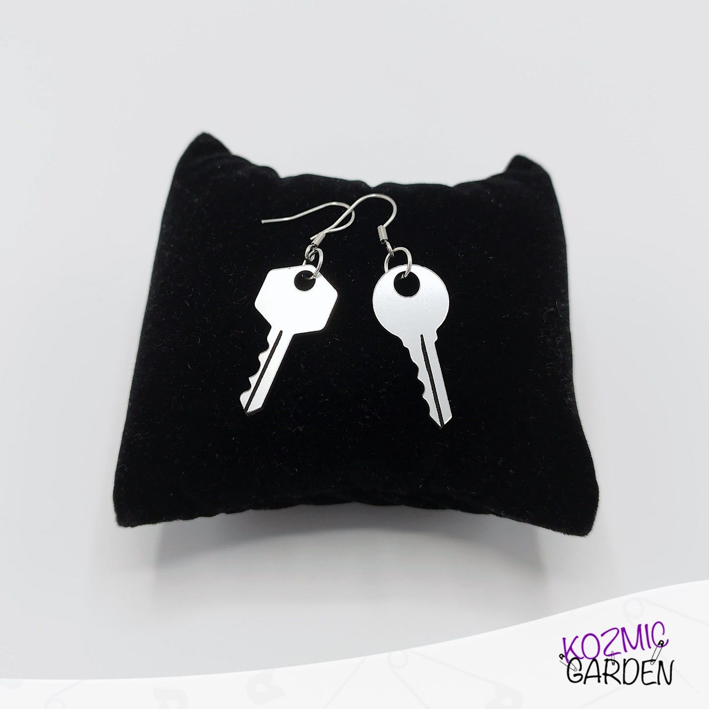 Mismatched Keys Earrings | Fun Silver Acrylic Jewelry with Engraved Details