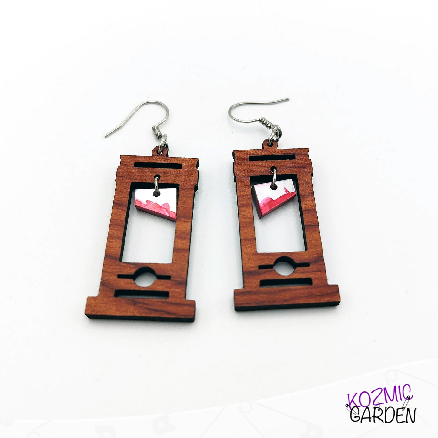 Bloody Wooden Guillotine Earrings – Off with Their Heads!