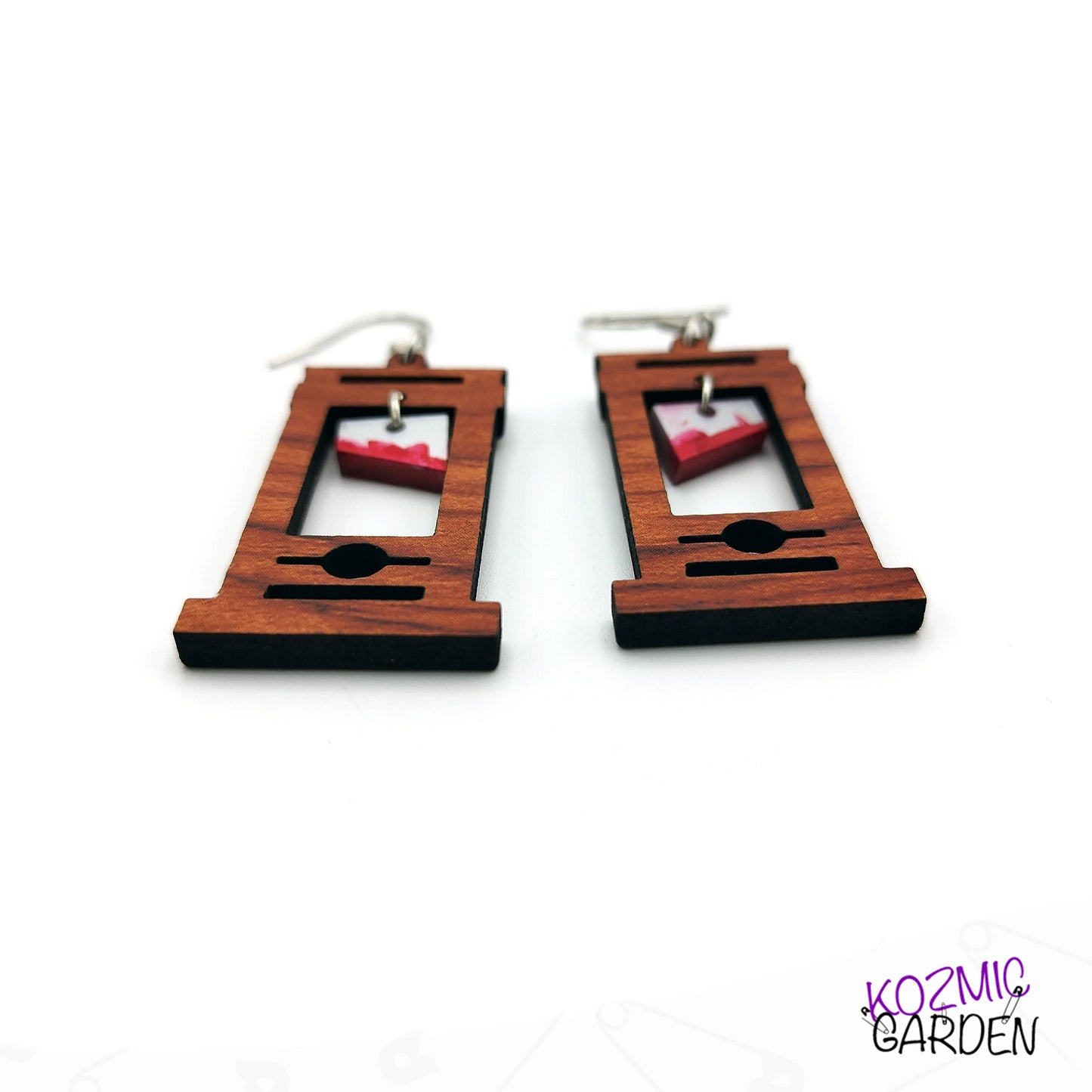 Bloody Wooden Guillotine Earrings – Off with Their Heads!