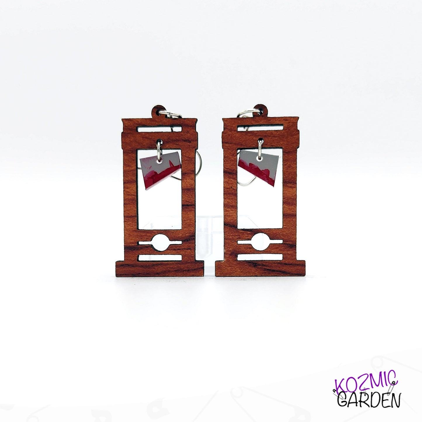 Bloody Wooden Guillotine Earrings – Off with Their Heads!