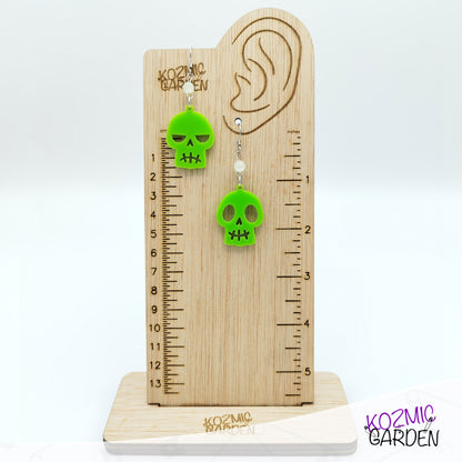 Mismatched Green Skull Earrings – Happy and Angry Green Fellas