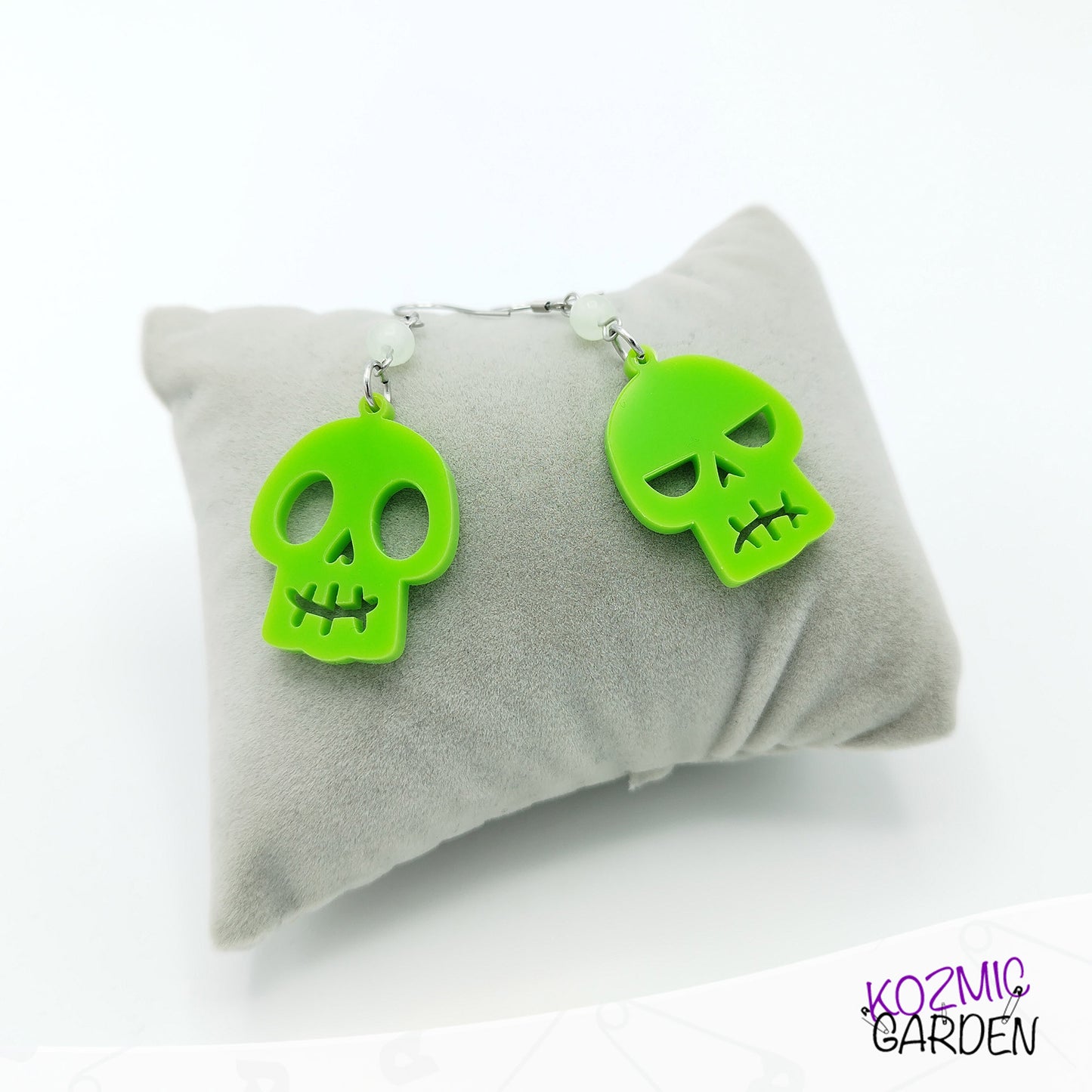 Mismatched Green Skull Earrings – Happy and Angry Green Fellas