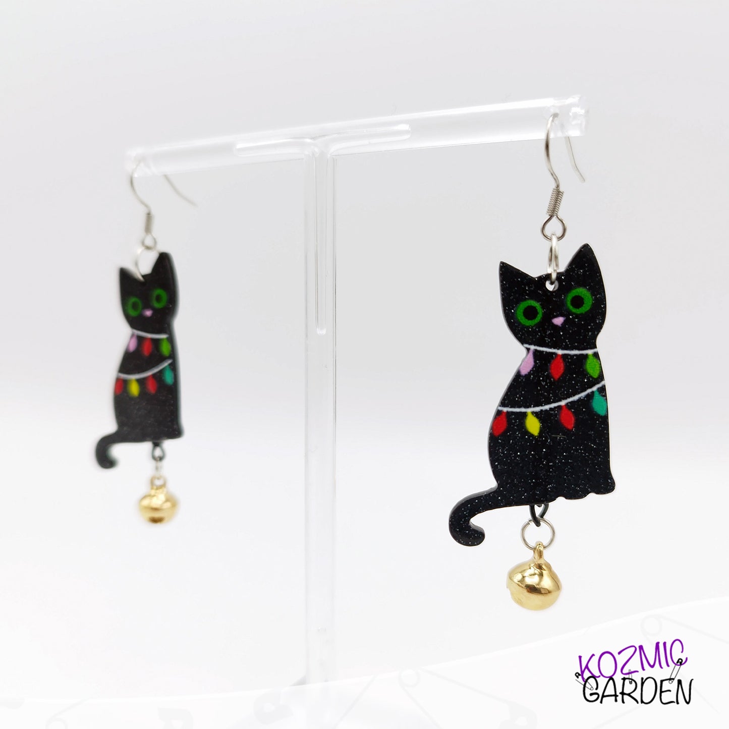 Black Cat Christmas Earrings with Jingle Bell – Festive Holiday Jewelry for Cat Lovers