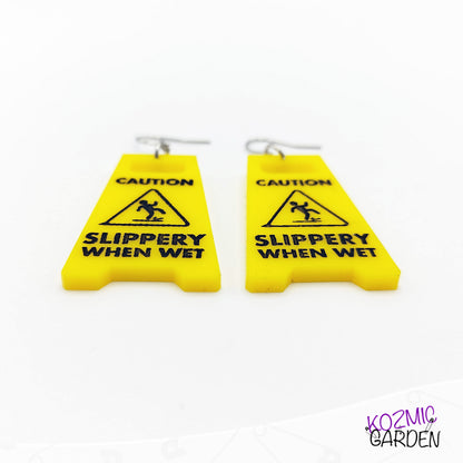 Caution: Slippery When Wet Sign Earrings – Wet Floor Earrings, Quirky and Original Jewelry