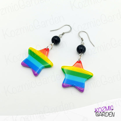 Rainbow Star Earrings with Black Beads – Become The Colorful Star of Pride!