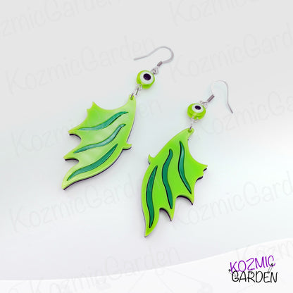 Green Dragon Wing Earrings with Enchanting Eye - Dare to be Hypnotised