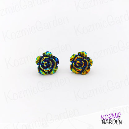 Bluish Iridescent Rose Stud Earrings - Wear the Spring on your ears!