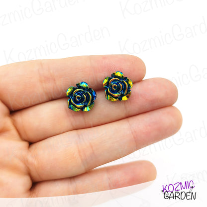 Bluish Iridescent Rose Stud Earrings - Wear the Spring on your ears!