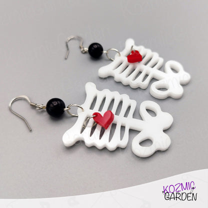 Rib Cage Earrings with Dangling Red Heart – Love Me to the Bone!