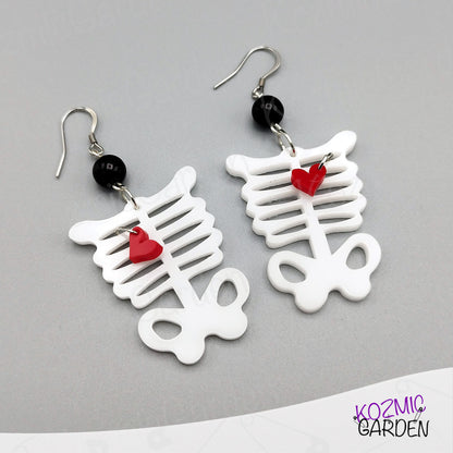 Rib Cage Earrings with Dangling Red Heart – Love Me to the Bone!