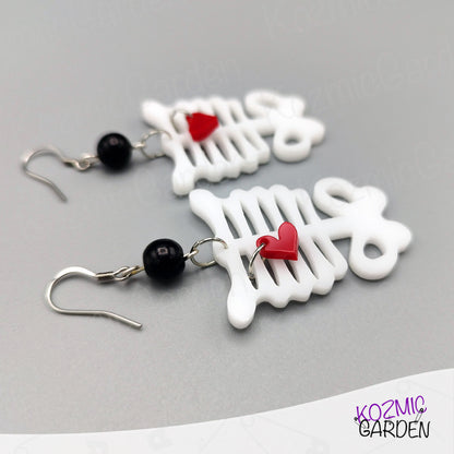 Rib Cage Earrings with Dangling Red Heart – Love Me to the Bone!